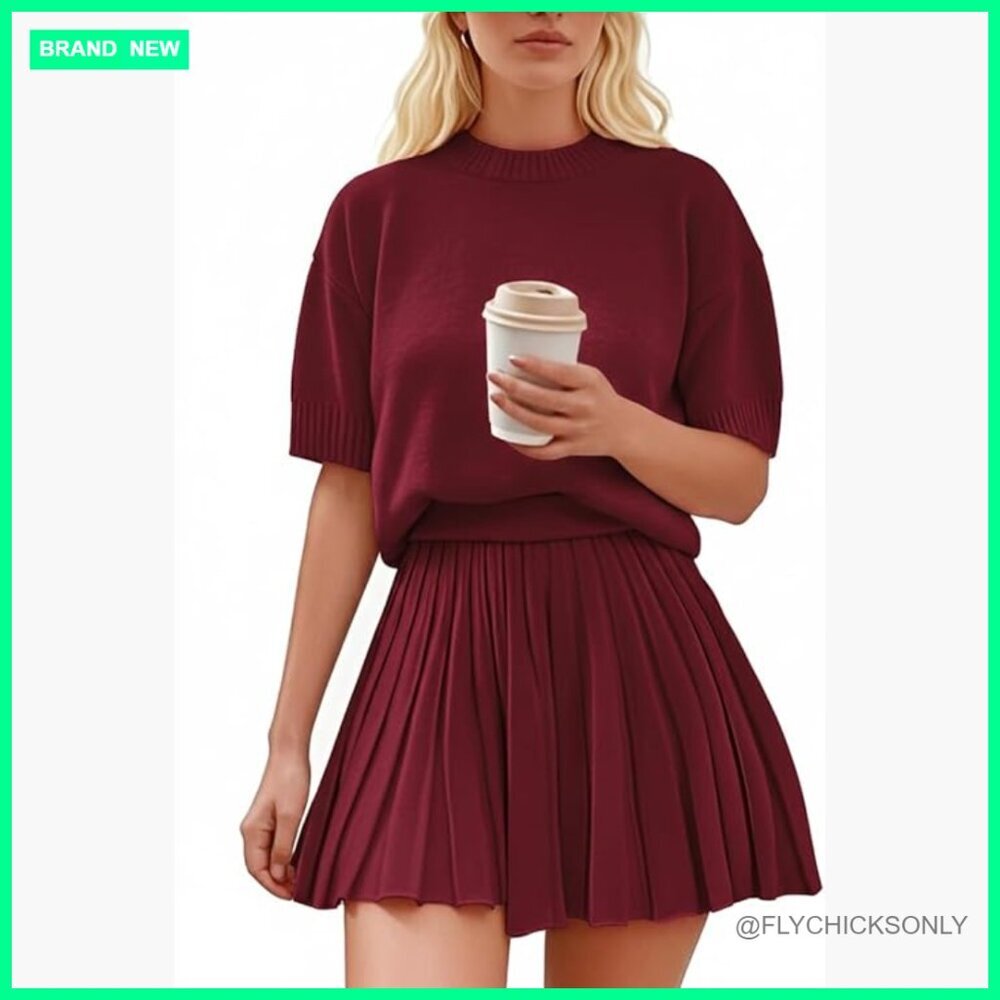Short Sleeve Crewneck Knit Top and Pleated Mini Skirt Two Piece Set